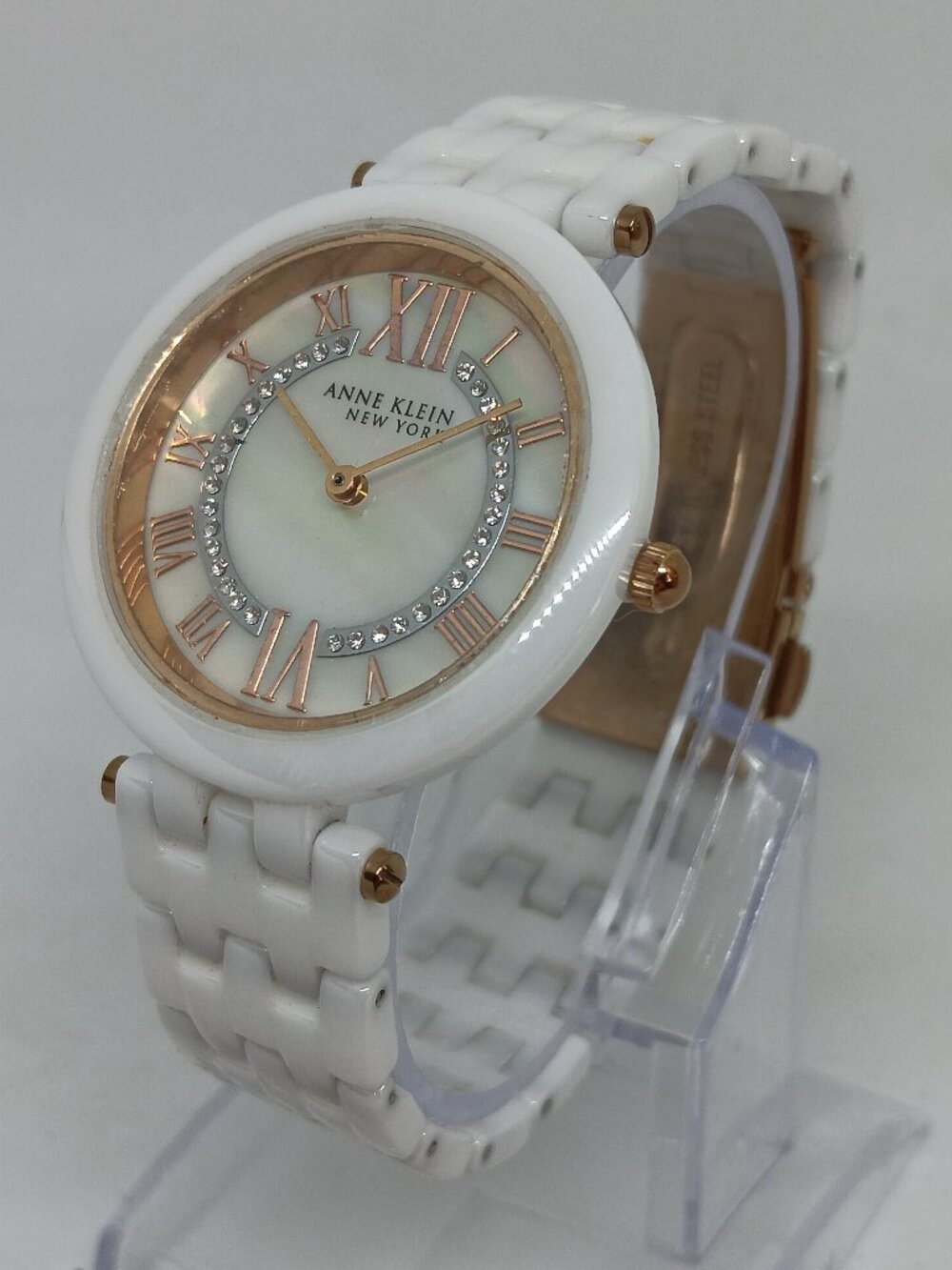 Anne Klein 12/2278RGWT Women's 34mm White Ceramic Quartz Watch NEW BATT